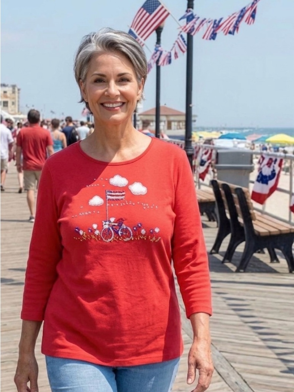 Quacker Factory Red Americana Sequin Bicycle Top patriotic coastal grandma 1X